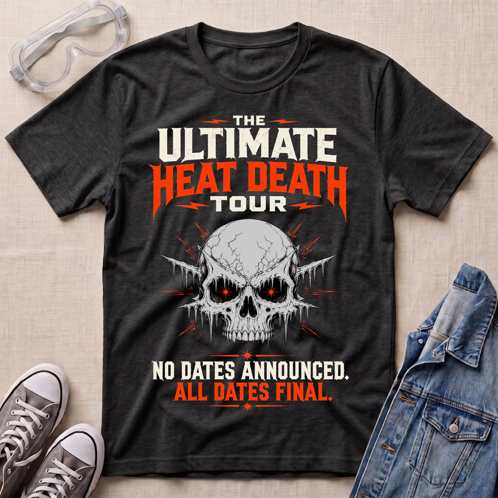 A dark heather gray graphic t-shirt laid flat on a beige fabric background, styled with safety glasses, gray sneakers, and a blue denim jacket. The t-shirt features a skull graphic with glowing red eyes and bold text that reads 'THE ULTIMATE HEAT DEATH TOUR' and 'NO DATES ANNOUNCED.