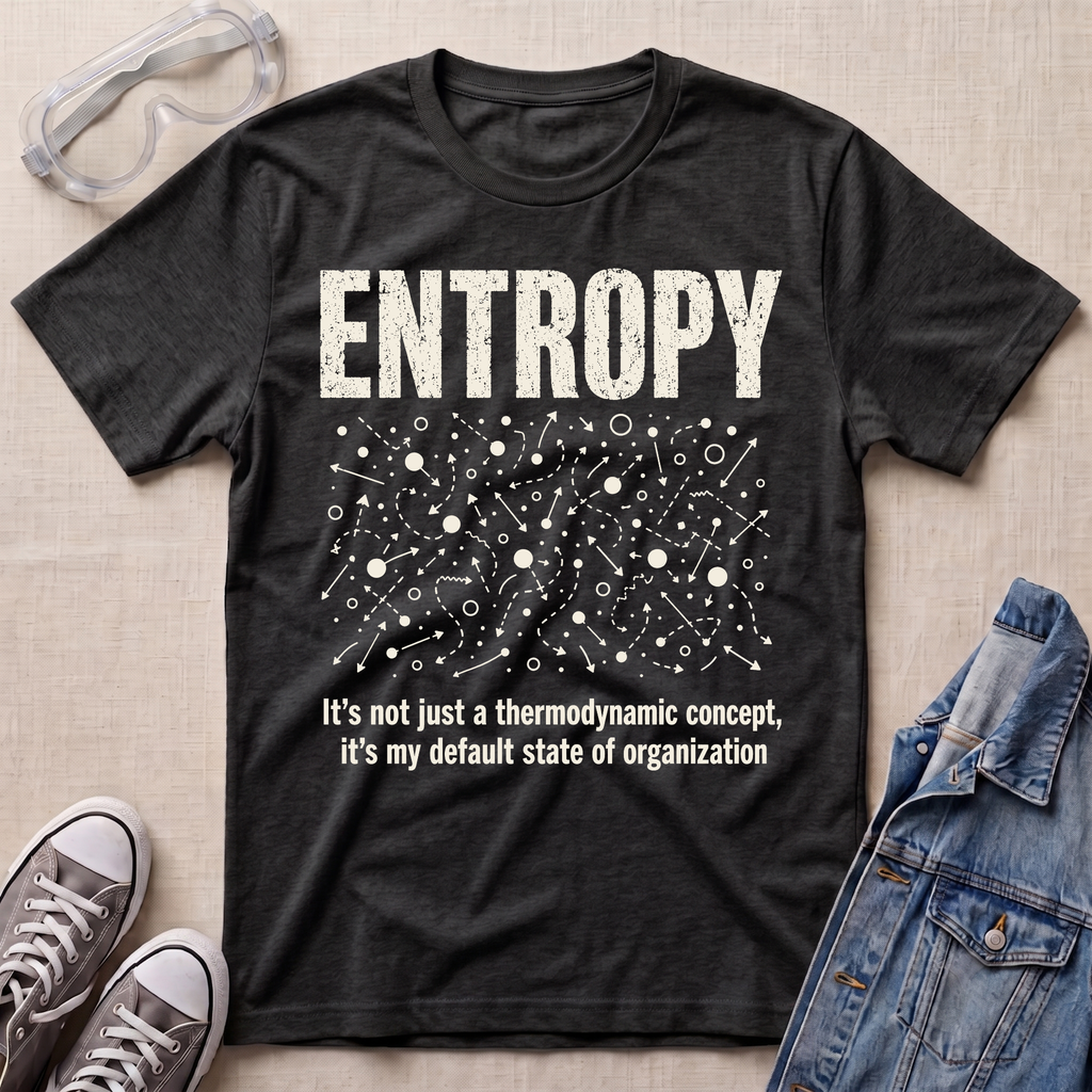 A dark heather gray graphic t-shirt laid flat on a beige fabric background, styled with safety goggles, gray sneakers, and a denim jacket. The t-shirt features a white distressed graphic of the word 'ENTROPY' above a entropy pattern, with the text 'It's not just a thermodynamic concept, it's my default state of organization' below.