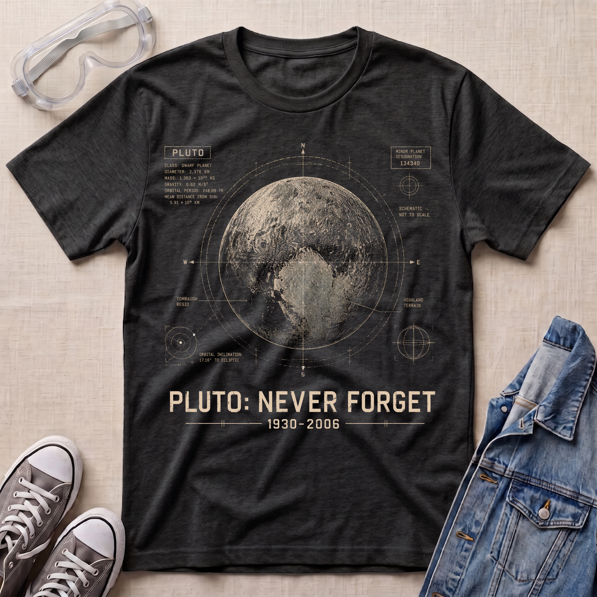 A dark heather gray graphic t-shirt featuring a vintage-style schematic of the Pluto planet with the text 'PLUTO: NEVER FORGET 1930-2006' printed on the front. The t-shirt is styled in a flat-lay arrangement on a textured beige fabric background, surrounded by props including safety glasses, gray sneakers, and a denim jacket.