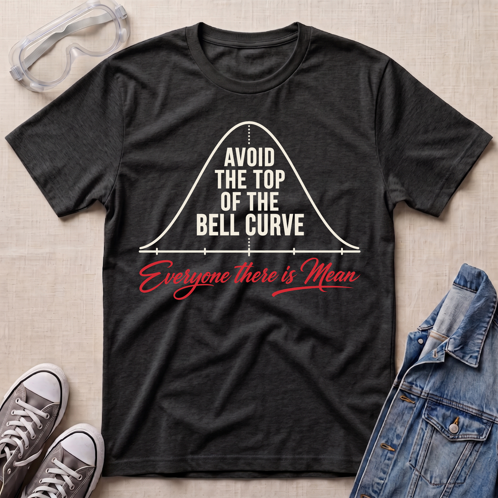 A dark heather gray graphic t-shirt laid flat on a beige fabric background, styled with safety glasses, gray sneakers, and a blue denim jacket. The t-shirt features a white bell curve graphic with the text 'AVOID THE TOP OF THE BELL CURVE' and red cursive text reading 'Everyone there is Mean'.