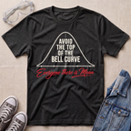 A dark heather gray graphic t-shirt laid flat on a beige fabric background, styled with safety glasses, gray sneakers, and a blue denim jacket. The t-shirt features a white bell curve graphic with the text 'AVOID THE TOP OF THE BELL CURVE' and red cursive text reading 'Everyone there is Mean'.