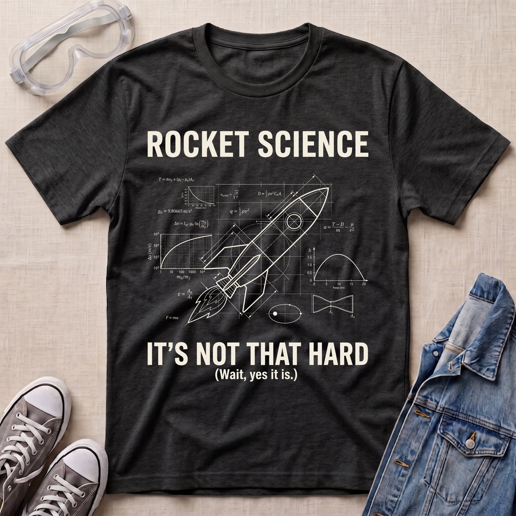 A dark heather gray graphic t-shirt featuring a white rocket science design with equations and a rocket illustration. The t-shirt is styled in a flat-lay arrangement on a beige fabric background, accompanied by clear safety goggles, gray sneakers, and a blue denim jacket.