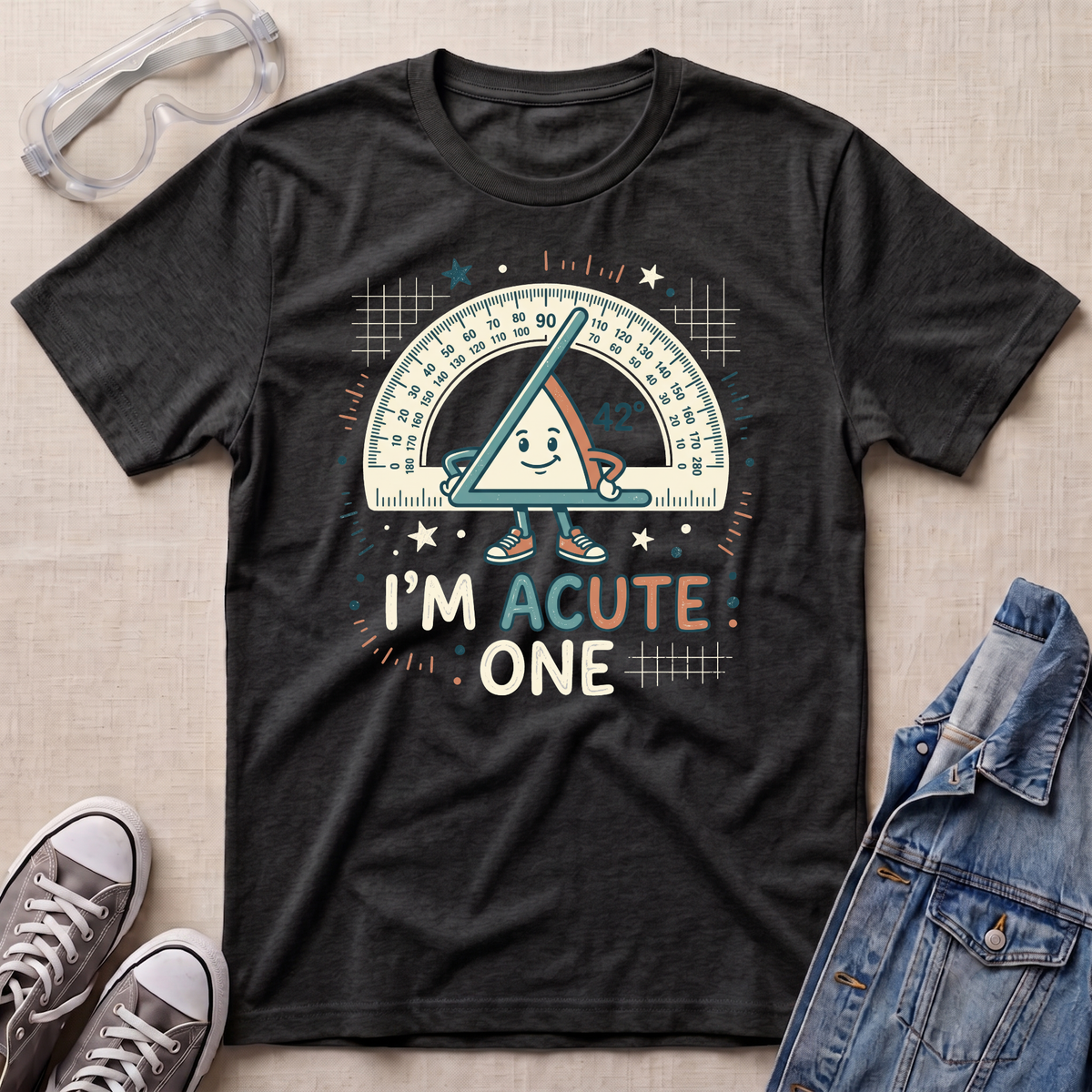 A dark charcoal heather t-shirt with a cartoon graphic of a protractor and the text 'I'M ACUTE ONE' in a retro style. The shirt is styled in a flat-lay arrangement on a beige textured background, surrounded by props including safety glasses, gray sneakers, and a denim jacket.