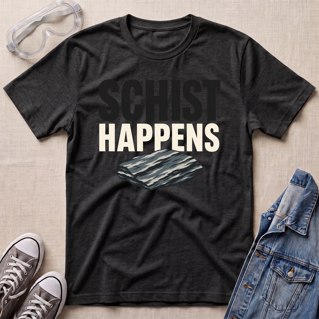 A dark charcoal heather t-shirt with a graphic print reading 'SCHIST HAPPENS' in black and white, styled in a flat-lay with safety goggles, gray sneakers, and a denim jacket on a beige textured background.