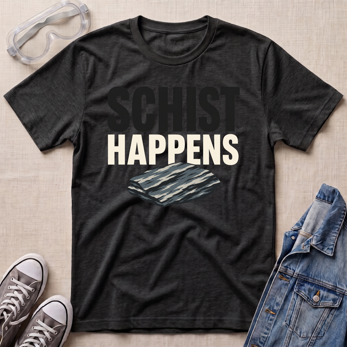 A dark charcoal heather t-shirt with a graphic print reading 'SCHIST HAPPENS' in black and white, styled in a flat-lay with safety goggles, gray sneakers, and a denim jacket on a beige textured background.