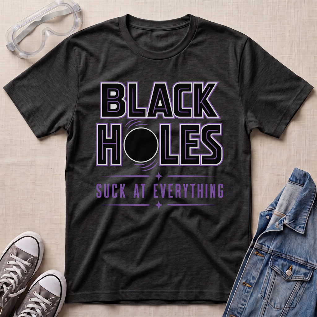 A dark heather gray graphic t-shirt laid flat on a beige textured background, styled with safety goggles, gray sneakers, and a blue denim jacket. The t-shirt features a graphic that reads 'BLACK HOLES SUCK AT EVERYTHING' in purple and white text with a black circle in the center.