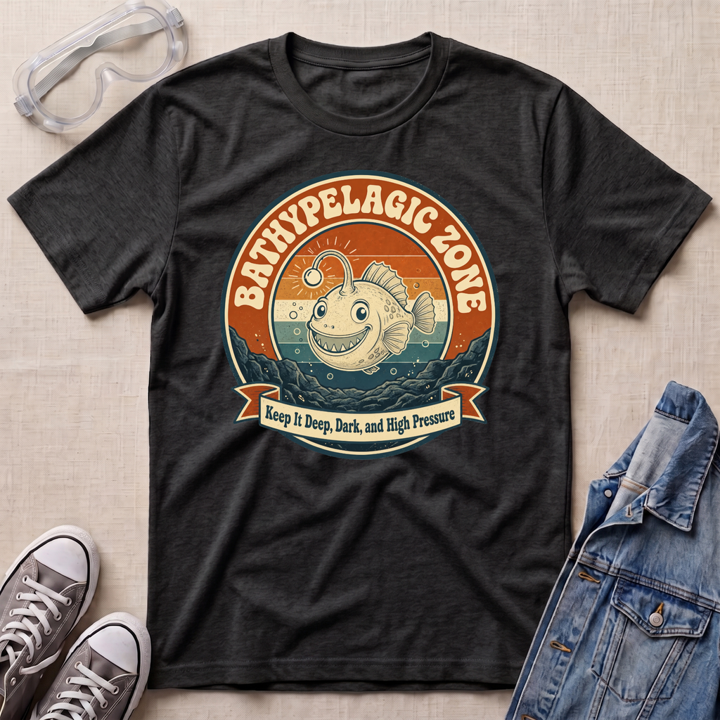 A dark heather gray graphic t-shirt laid flat on a beige textured background, styled with safety goggles, gray sneakers, and a denim jacket. The t-shirt features a retro circular graphic of a smiling fish in ocean waves with the text 'BATHYPELAGIC ZONE' and 'Keep it Deep, Dark, and High Pressure'.