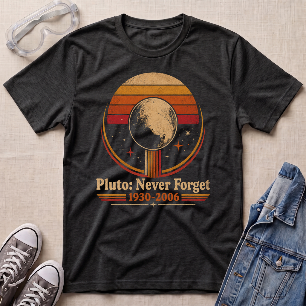 A dark heather gray graphic t-shirt laid flat on a beige fabric background, styled with clear safety goggles, gray sneakers, and a blue denim jacket. The t-shirt features a retro circular design with the moon and stars, and the text 'Pluto: Never Forget 1930-2006'.