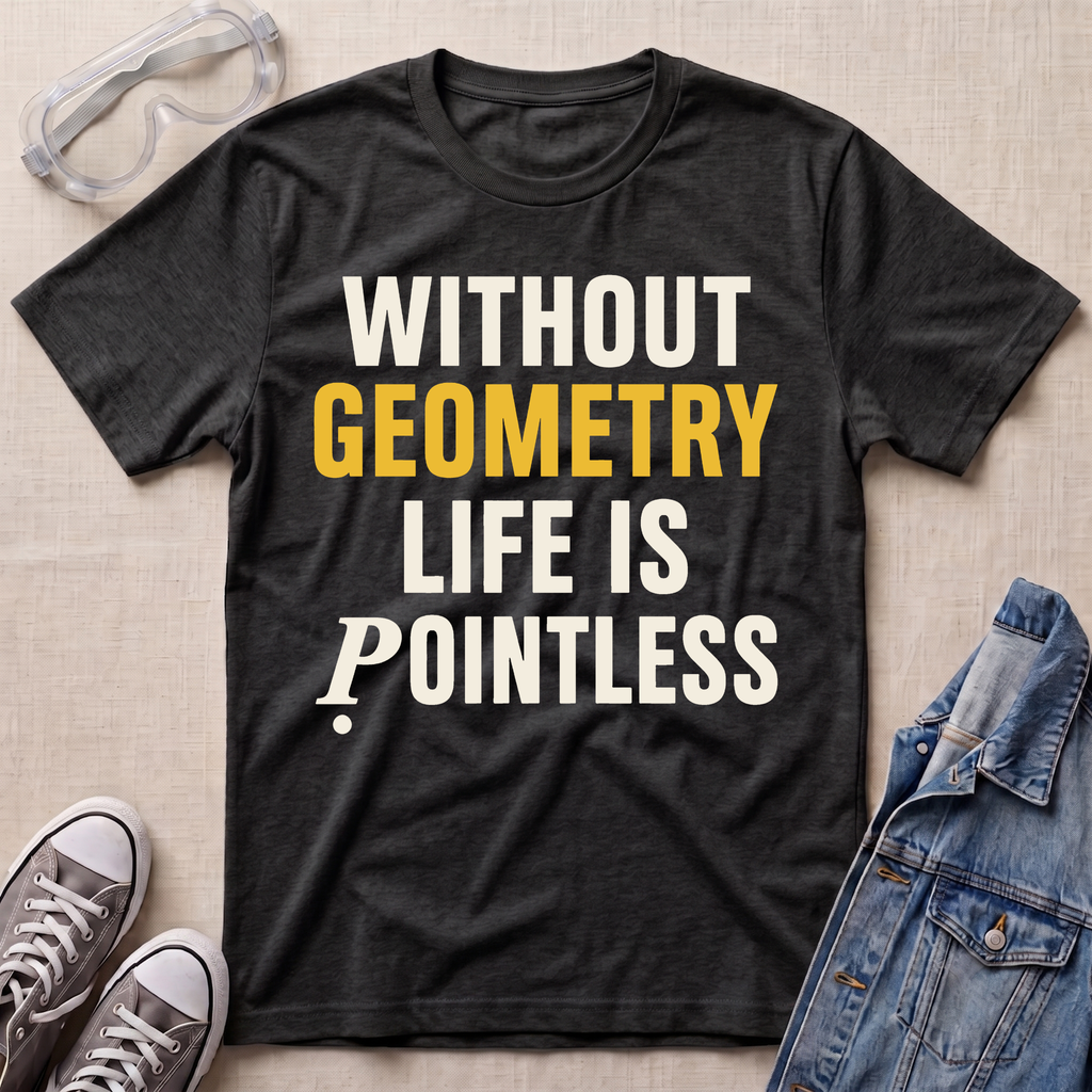 A dark heather gray graphic t-shirt laid flat on a beige textured background, surrounded by styling props including safety glasses, gray sneakers, and a blue denim jacket. The t-shirt features the text 'WITHOUT GEOMETRY LIFE IS POINTLESS' in white and yellow lettering.