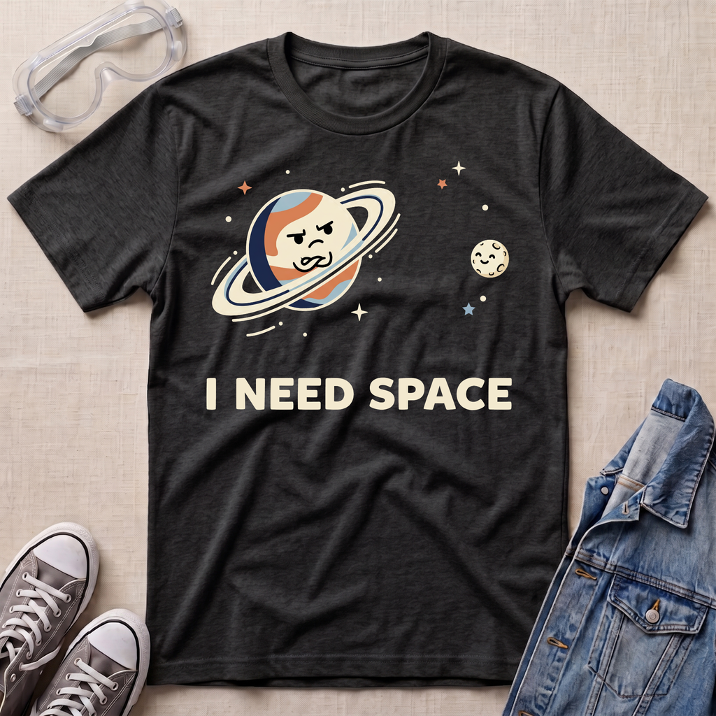 A dark heather gray graphic t-shirt featuring a cartoon Saturn with a sad face and the text 'I NEED SPACE' in cream. The shirt is styled in a flat-lay arrangement on a beige textured background, surrounded by props including safety goggles, gray sneakers, and a blue denim jacket.