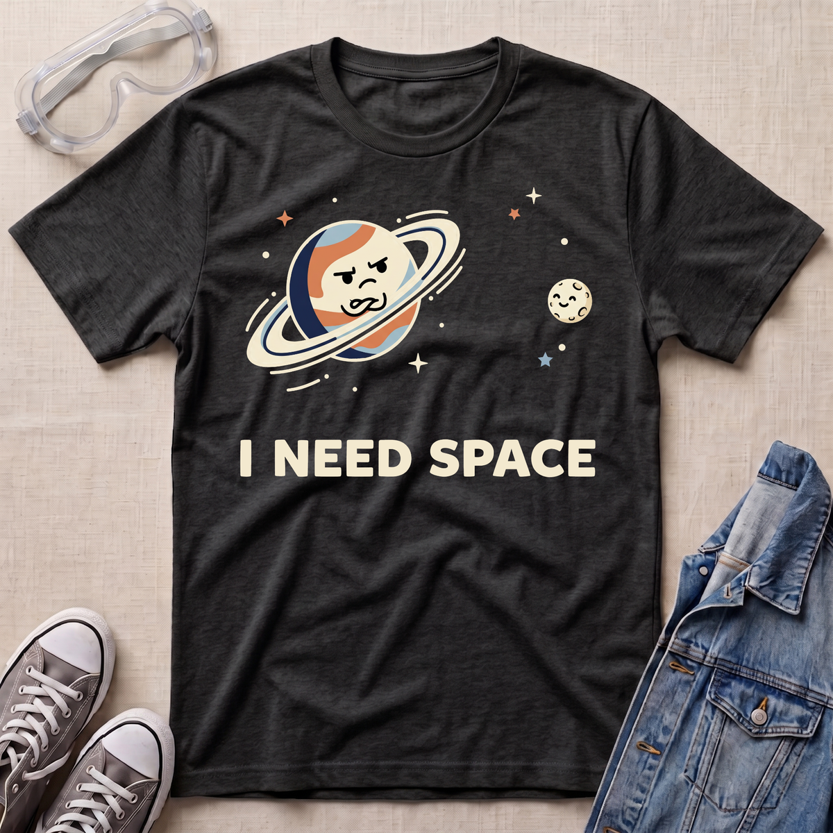 A dark heather gray graphic t-shirt featuring a cartoon Saturn with a sad face and the text 'I NEED SPACE' in cream. The shirt is styled in a flat-lay arrangement on a beige textured background, surrounded by props including safety goggles, gray sneakers, and a blue denim jacket.