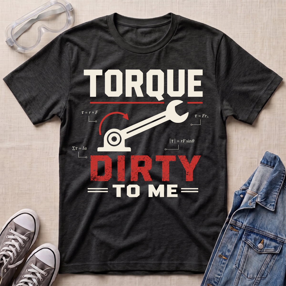 A dark heather gray graphic t-shirt laid flat on a beige fabric background, styled with safety glasses, gray sneakers, and a denim jacket. The t-shirt features a wrench and gear graphic with the text 'TORQUE DIRTY TO ME' in white and red.