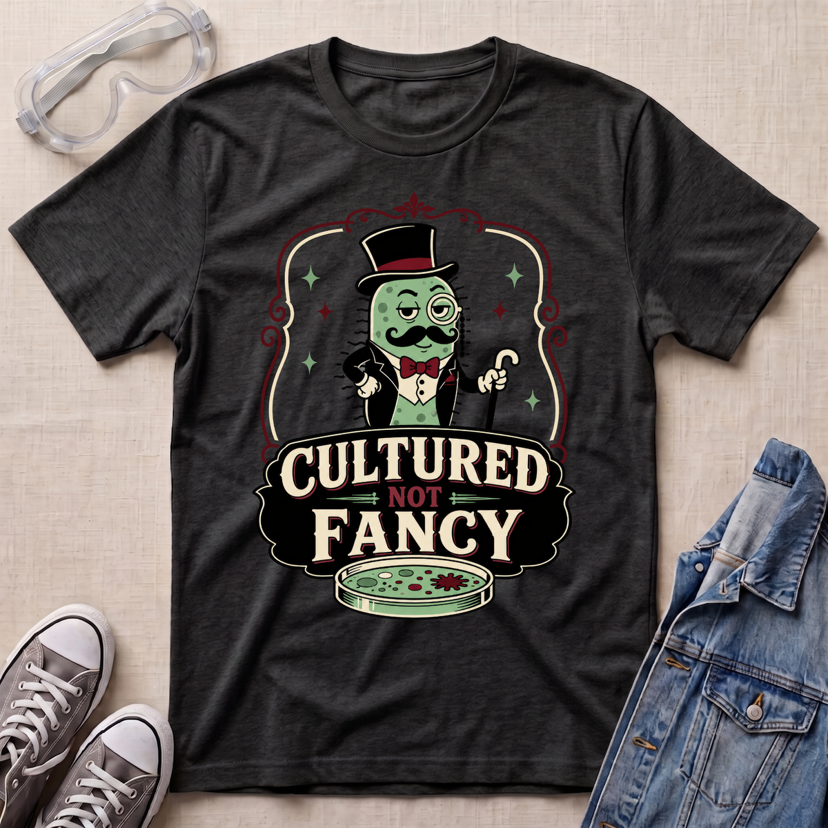 A dark heather gray graphic t-shirt laid flat on a beige fabric background, styled with clear safety glasses, gray sneakers, and a blue denim jacket. The t-shirt features a cartoon green monster in a top hat and bow tie above the text 'CULTURED NOT FANCY' with a petri dish graphic.