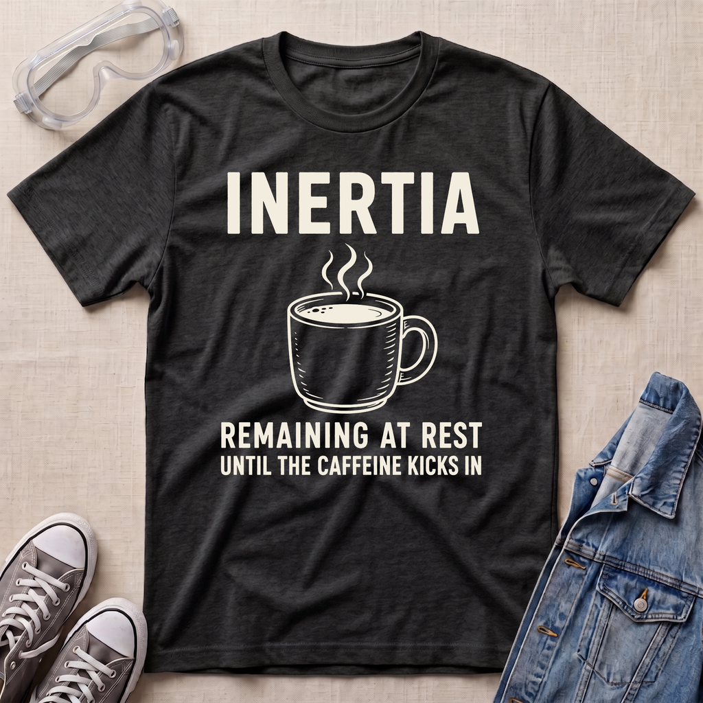 A dark heather gray graphic t-shirt laid flat on a beige textured background, surrounded by lifestyle props including safety goggles, gray sneakers, and a denim jacket. The t-shirt features a white graphic of a steaming coffee mug with the text 'INERTIA REMAINING AT REST UNTIL THE CAFFEINE KICKS IN'.