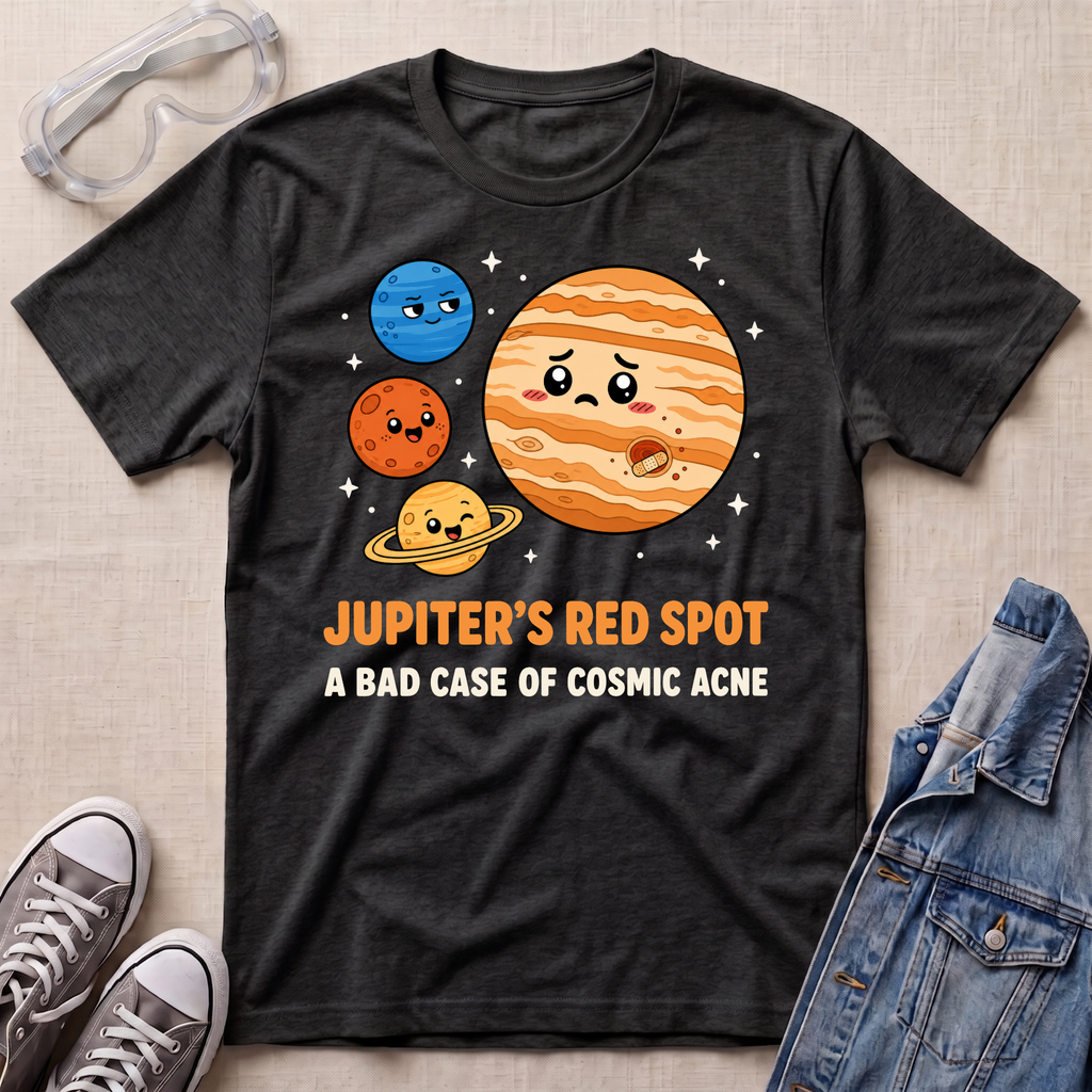 A dark heather graphic t-shirt featuring cartoon planets and the text 'JUPITER'S RED SPOT A BAD CASE OF COSMIC ACNE' in orange and white. The shirt is styled in a flat-lay arrangement on a beige fabric background with props including safety glasses, gray sneakers, and a denim jacket.