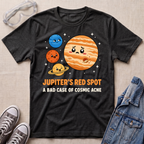 A dark heather graphic t-shirt featuring cartoon planets and the text 'JUPITER'S RED SPOT A BAD CASE OF COSMIC ACNE' in orange and white. The shirt is styled in a flat-lay arrangement on a beige fabric background with props including safety glasses, gray sneakers, and a denim jacket.