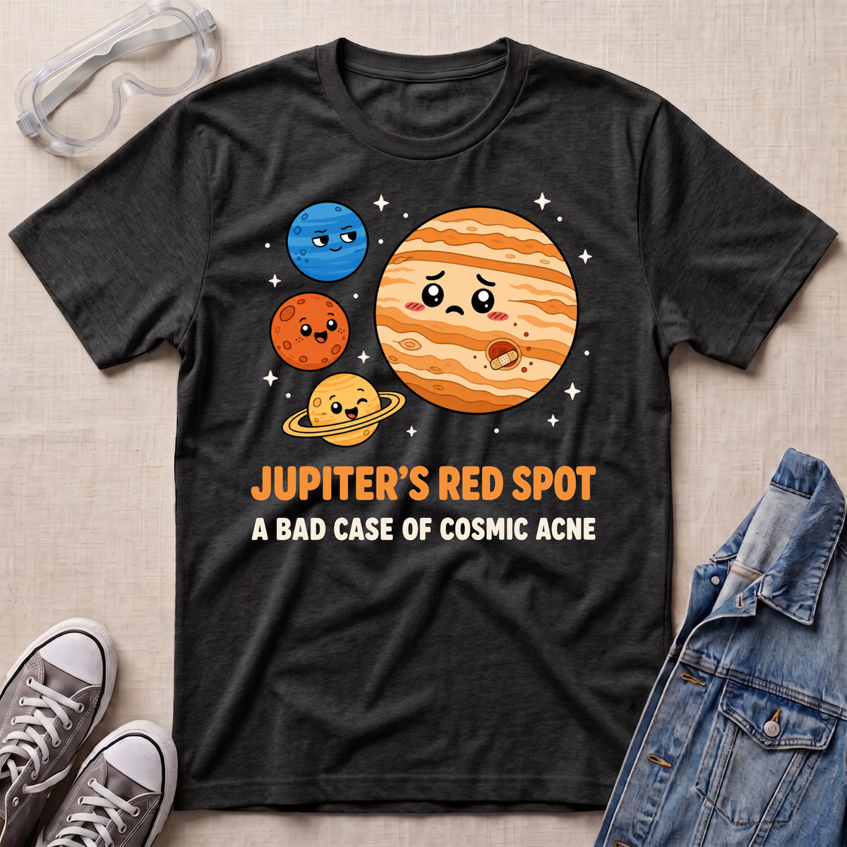 A dark heather graphic t-shirt featuring cartoon planets and the text 'JUPITER'S RED SPOT A BAD CASE OF COSMIC ACNE' in orange and white. The shirt is styled in a flat-lay arrangement on a beige fabric background with props including safety glasses, gray sneakers, and a denim jacket.