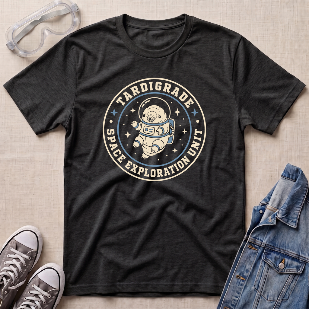 A dark heather grey t-shirt laid flat on a light beige textured background, styled with safety goggles, gray sneakers, and a denim jacket. The t-shirt features a circular graphic of an astronaut floating in space with the text 'TARDIGRADE SPACE EXPLORATION UNIT'.