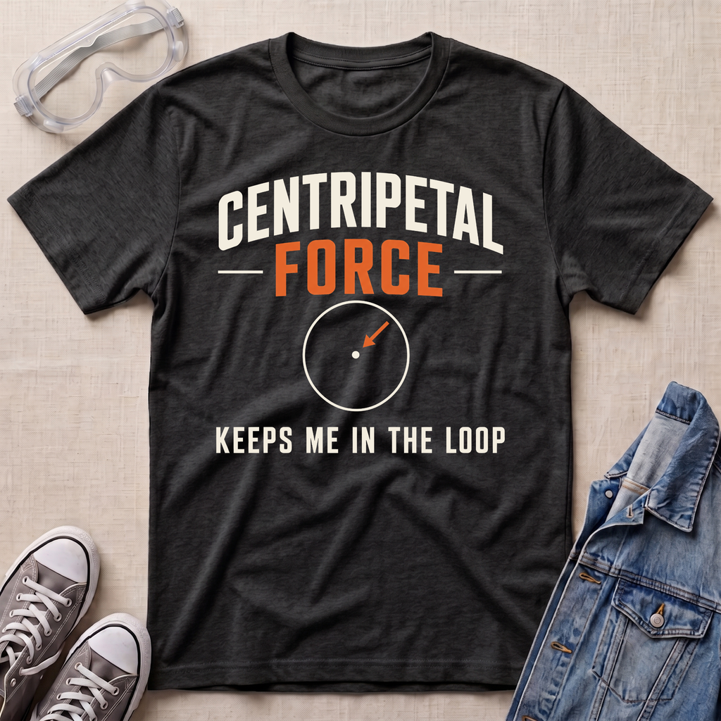 A dark heather gray graphic t-shirt laid flat on a light beige textured background, styled with safety goggles, gray sneakers, and a blue denim jacket. The t-shirt features the text 'CENTRIPETAL FORCE' in white and orange, with a small compass graphic below.