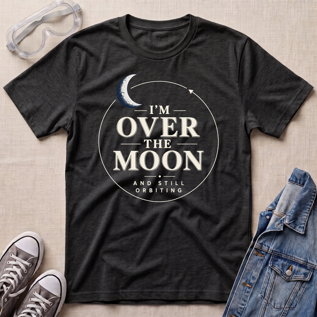 A dark heather grey graphic t-shirt laid flat on a beige fabric background, styled with safety goggles, gray sneakers, and a denim jacket. The t-shirt features a white circular graphic with a crescent moon and the text 'I'M OVER THE MOON AND STILL ORBITING'.