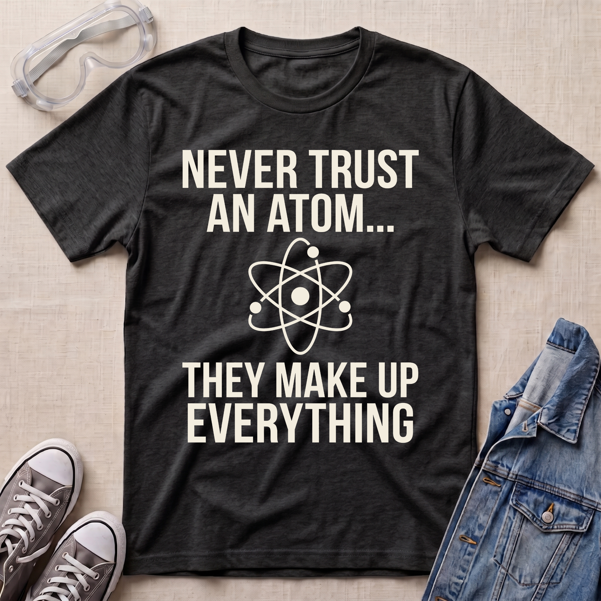 A dark heather gray graphic t-shirt with white text reading 'NEVER TRUST AN ATOM.' and 'THEY MAKE UP EVERYTHING' with an image of an atom in between the texts.