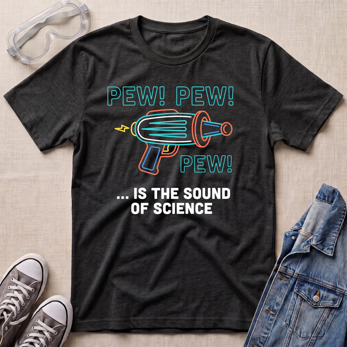 A dark heather gray graphic t-shirt laid flat on a light beige fabric background, styled with safety goggles, gray sneakers, and a denim jacket. The t-shirt features a colorful retro toy gun illustration with the text 'PEW! PEW! PEW! ... IS THE SOUND OF SCIENCE.'