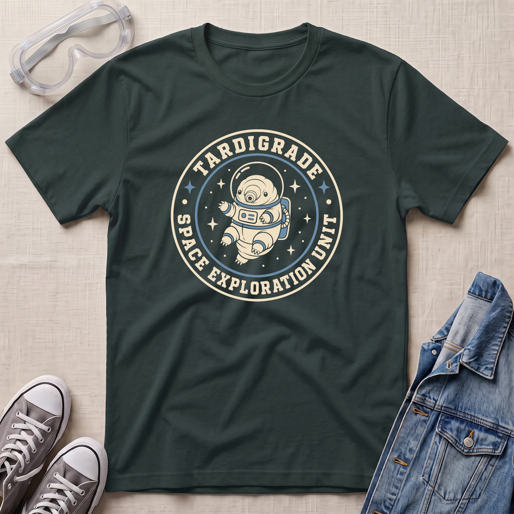 A forest green graphic t-shirt featuring a retro circular design with an astronaut and the text 'TARDIGRADE SPACE EXPLORATION UNIT'. The shirt is styled in a flat-lay arrangement on a beige textured background, accompanied by clear safety goggles, gray sneakers, and a blue denim jacket.