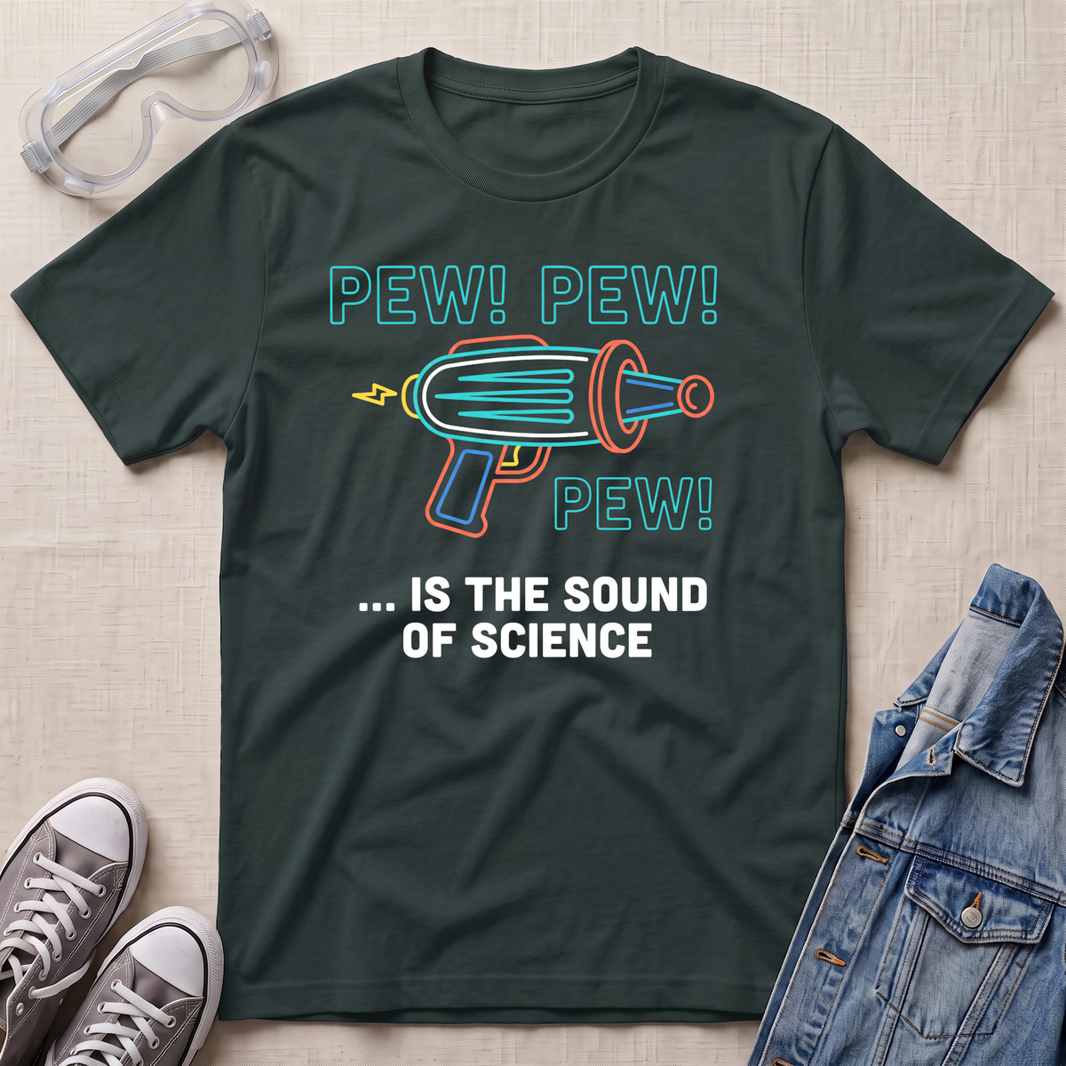A dark green graphic t-shirt laid flat on a light beige fabric background, styled with safety goggles, gray sneakers, and a denim jacket. The t-shirt features a colorful retro toy gun illustration with the text 'PEW! PEW! PEW! ... IS THE SOUND OF SCIENCE.'