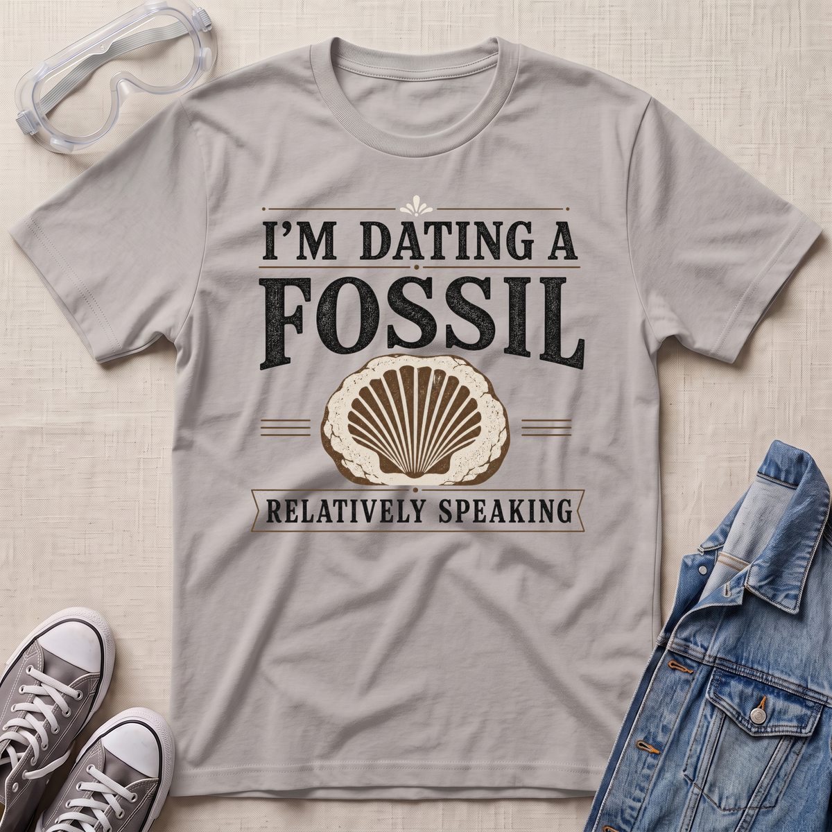 A light gray graphic t-shirt laid flat on a textured beige background, styled with safety goggles, gray sneakers, and a denim jacket. The t-shirt features a retro-style graphic that reads 'I'M DATING A FOSSIL RELATIVELY SPEAKING' with a seashell illustration.