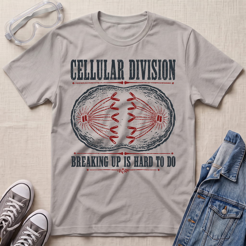A light gray graphic t-shirt laid flat on a textured beige fabric background, styled with safety glasses, gray sneakers, and a blue denim jacket. The t-shirt features a distressed print of a cell division diagram with the text 'CELLULAR DIVISION' and 'BREAKING UP IS HARD TO DO'.