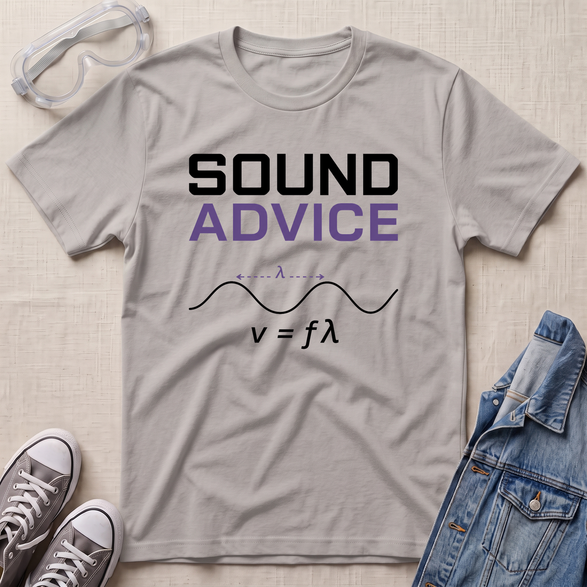 A light gray graphic t-shirt laid flat on a textured beige surface, surrounded by props including clear safety goggles, gray sneakers, and a blue denim jacket. The t-shirt features the text 'SOUND ADVICE' in black and purple, with a black sound wave and the equation v = fϘή below.