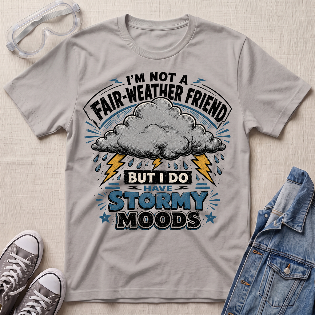 A light gray graphic t-shirt laid flat on a textured beige fabric background, styled with clear safety goggles, gray sneakers, and a blue denim jacket. The t-shirt features a storm graphic with the text 'I'M NOT A FAIR-WEATHER FRIEND BUT I DO HAVE STORMY MOODS'.