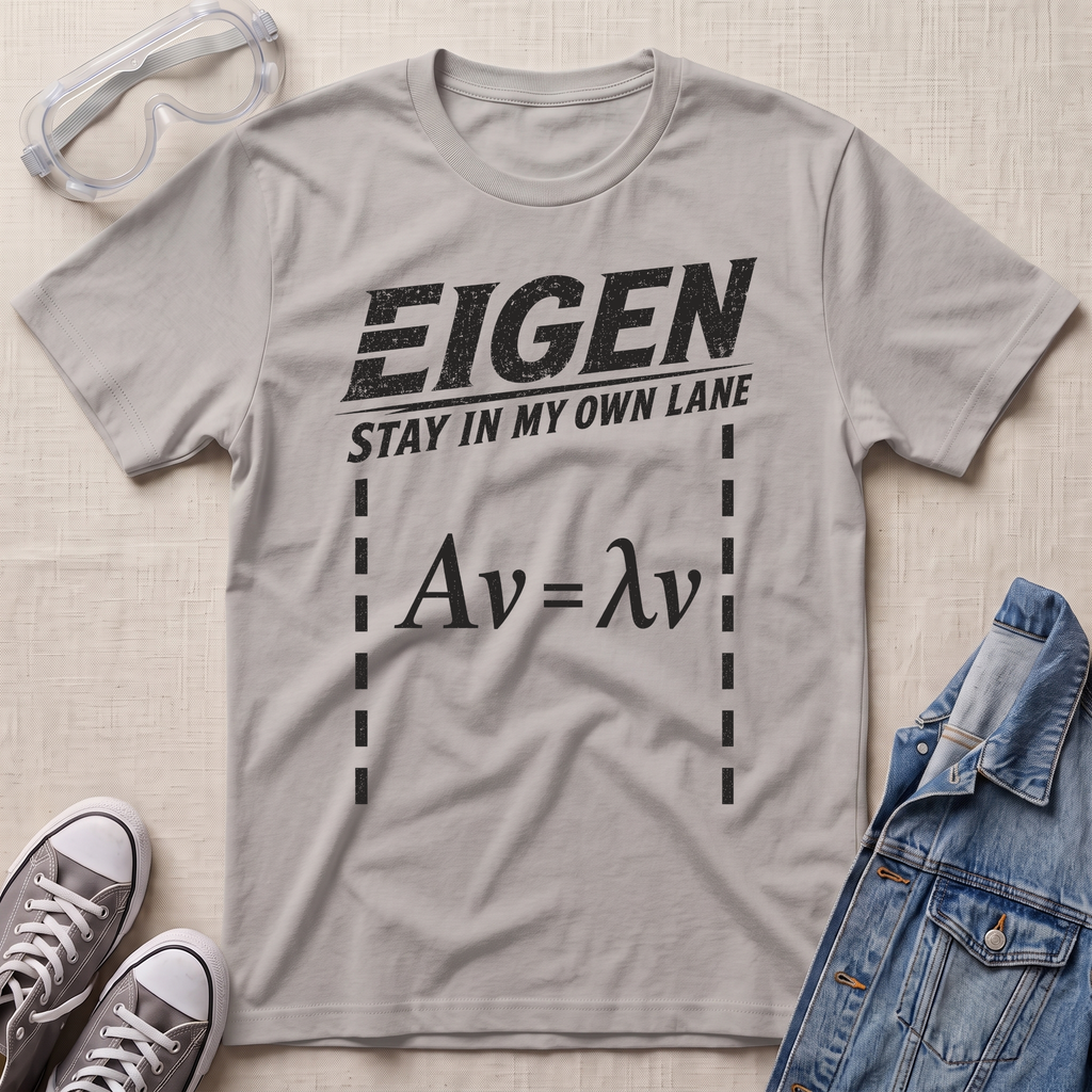A light gray graphic t-shirt laid flat on a textured beige background, styled with safety goggles, gray sneakers, and a blue denim jacket. The t-shirt features a black distressed print that reads 'EIGEN STAY IN MY OWN LANE' above the eigenvalue equation 'Av = λv'.