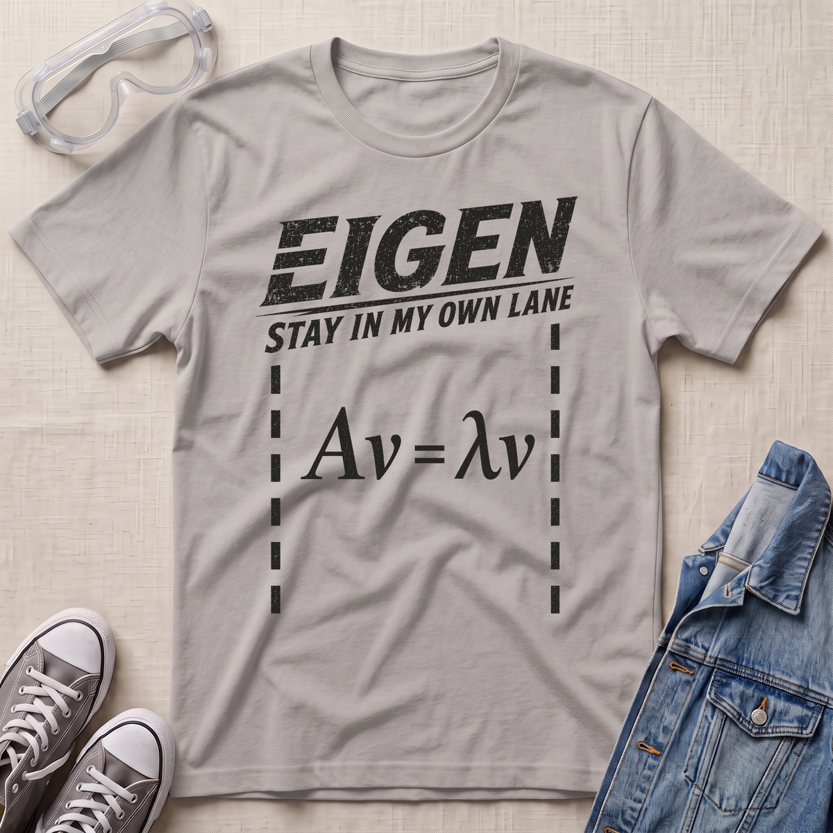 A light gray graphic t-shirt laid flat on a textured beige background, styled with safety goggles, gray sneakers, and a blue denim jacket. The t-shirt features a black distressed print that reads 'EIGEN STAY IN MY OWN LANE' above the eigenvalue equation 'Av = λv'.