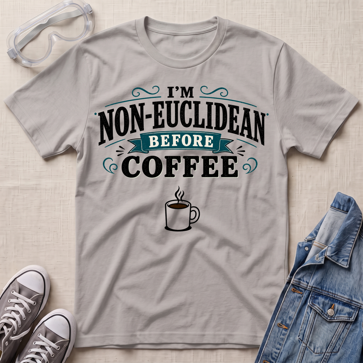 A light gray graphic t-shirt laid flat on a textured beige background, styled with safety goggles, gray sneakers, and a blue denim jacket. The t-shirt features a graphic that reads 'I'M NON-EUCLIDEAN BEFORE COFFEE' in black and teal lettering with a coffee cup illustration.