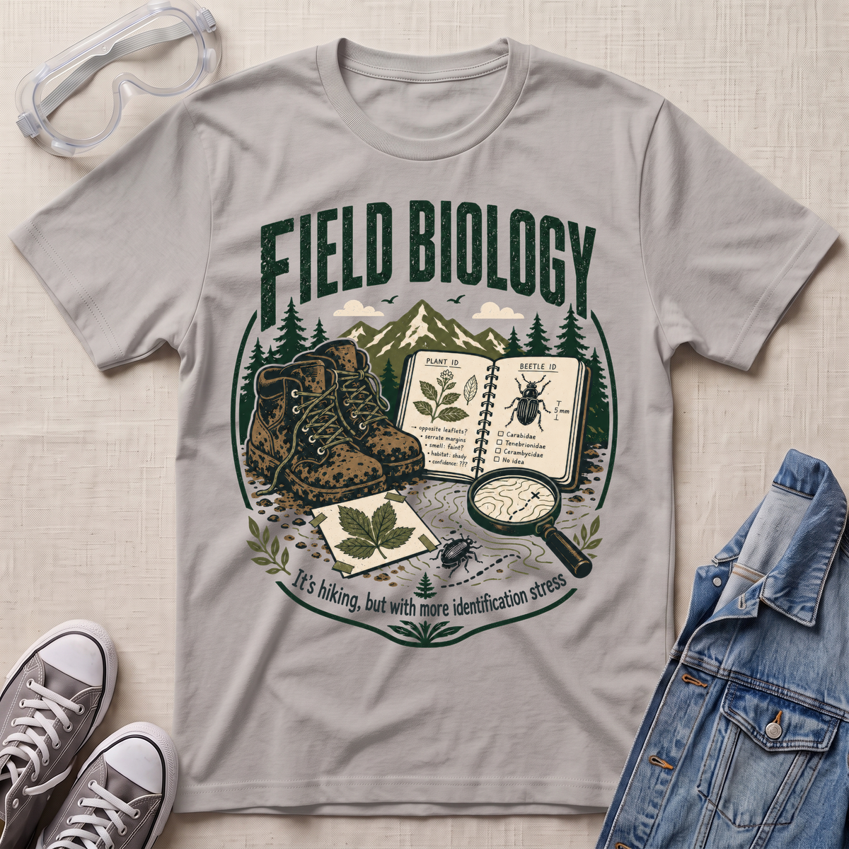 A light gray graphic t-shirt laid flat on a beige fabric background, styled with safety goggles, gray sneakers, a denim jacket, and a pair of leopard-print boots. The t-shirt features a 'Field Biology' graphic with a mountain, forest, open book, magnifying glass, and leaf specimen.