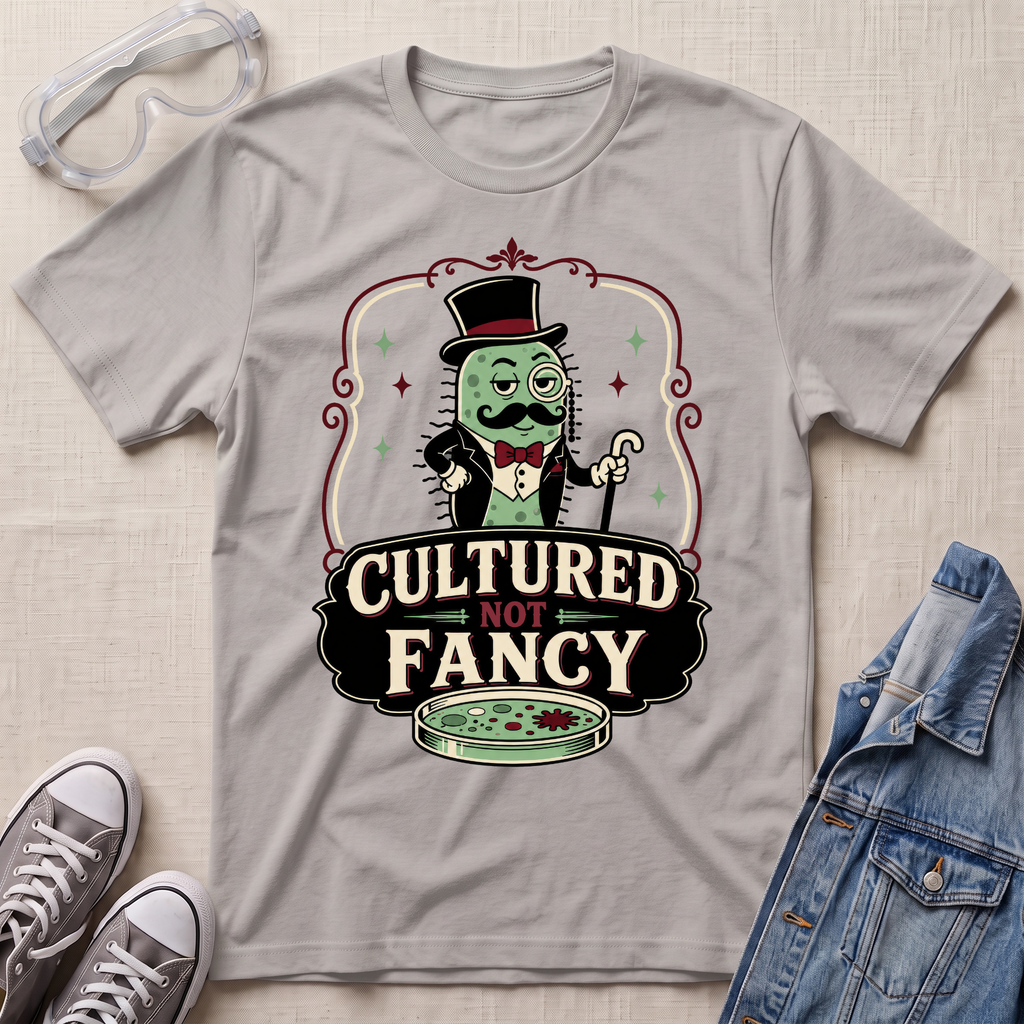 A light gray crewneck t-shirt featuring a retro-style graphic of a green monster in a top hat and bow tie with the text 'CULTURED NOT FANCY' and a petri dish. The shirt is displayed in a flat-lay arrangement with safety goggles, gray sneakers, and a denim jacket on a textured beige background.