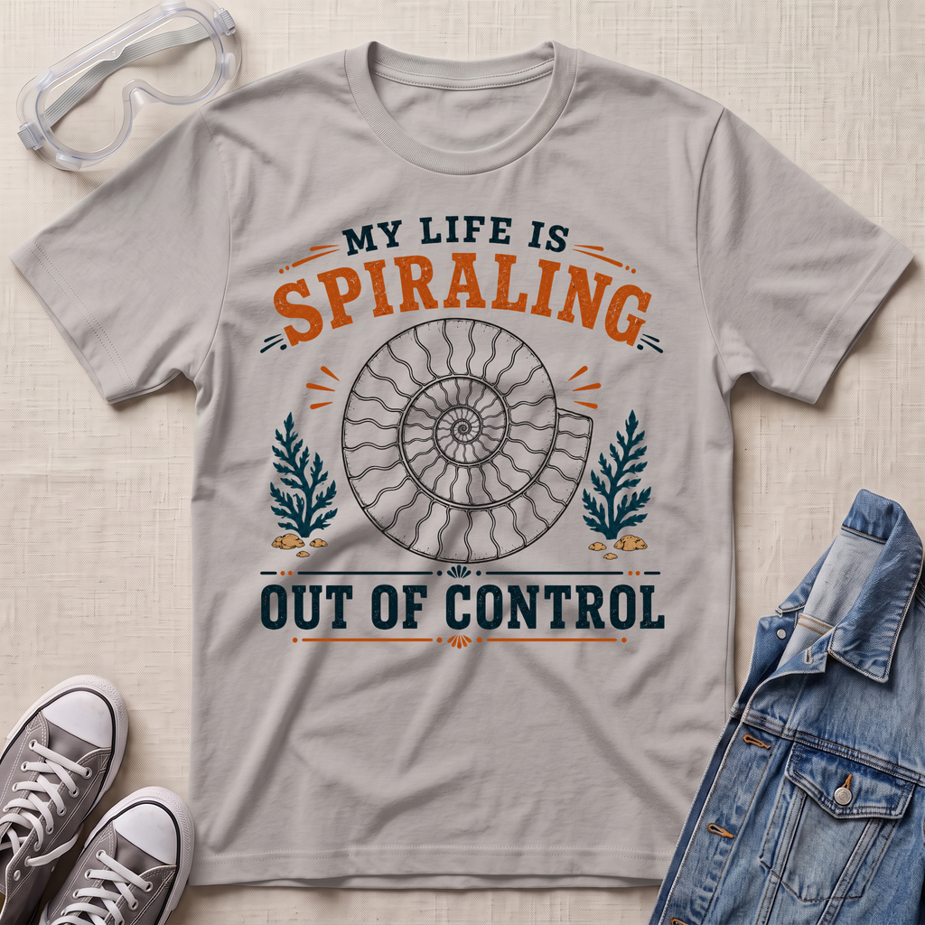 A light gray graphic t-shirt laid flat on a textured beige fabric background, styled with safety goggles, gray sneakers, and a blue denim jacket. The t-shirt features a retro-style graphic with a spiral ammonite shell and the text 'MY LIFE IS SPIRALING OUT OF CONTROL' in orange and navy blue.