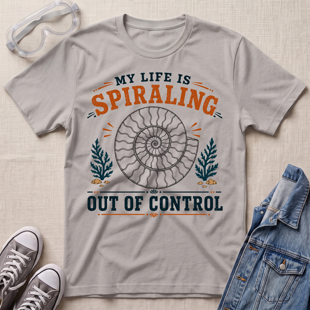 A light gray graphic t-shirt laid flat on a textured beige fabric background, styled with safety goggles, gray sneakers, and a blue denim jacket. The t-shirt features a retro-style graphic with a spiral ammonite shell and the text 'MY LIFE IS SPIRALING OUT OF CONTROL' in orange and navy blue.
