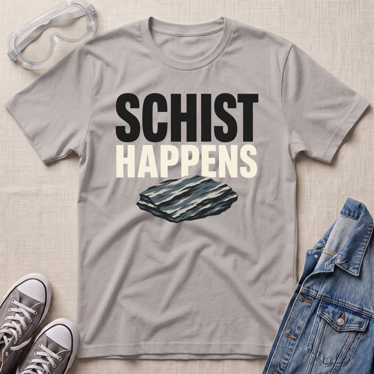 A light gray graphic t-shirt laid flat on a textured beige background, styled with safety goggles, gray sneakers, and a denim jacket. The t-shirt features the text 'SCHIST HAPPENS' in bold black and cream lettering above an illustration of a slate rock.