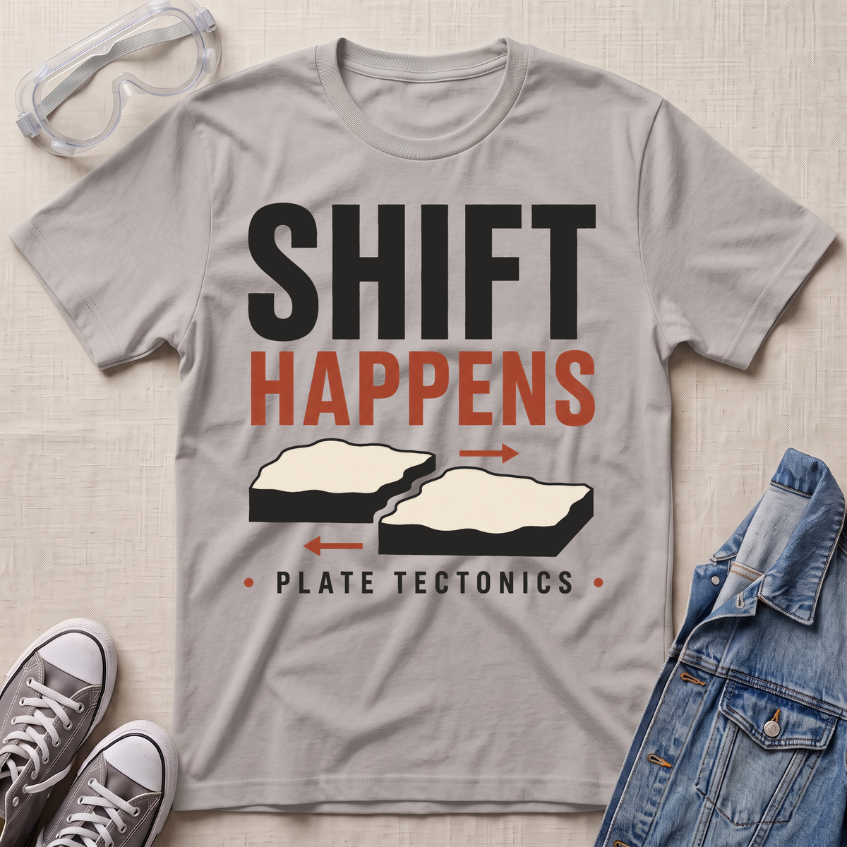 A light gray graphic t-shirt laid flat on a textured beige background, styled with safety goggles, gray sneakers, and a denim jacket. The t-shirt features a graphic that reads 'SHIFT HAPPENS' in black and orange, with illustrations of shifting tectonic plates and 'PLATE TECTONICS' underneath.