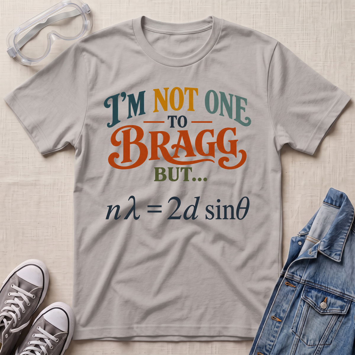 A light gray graphic t-shirt laid flat on a beige textured background, surrounded by styling props including safety goggles, gray sneakers, and a blue denim jacket. The t-shirt features a humorous physics joke with the text 'I'M NOT ONE TO BRAGG BUT.
