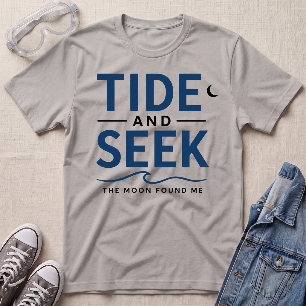 A ice gray short-sleeve t-shirt with a blue graphic reading 'TIDE AND SEEK THE MOON FOUND ME' laid flat on a beige textured surface, surrounded by styling props including safety goggles, gray sneakers, and a denim jacket.