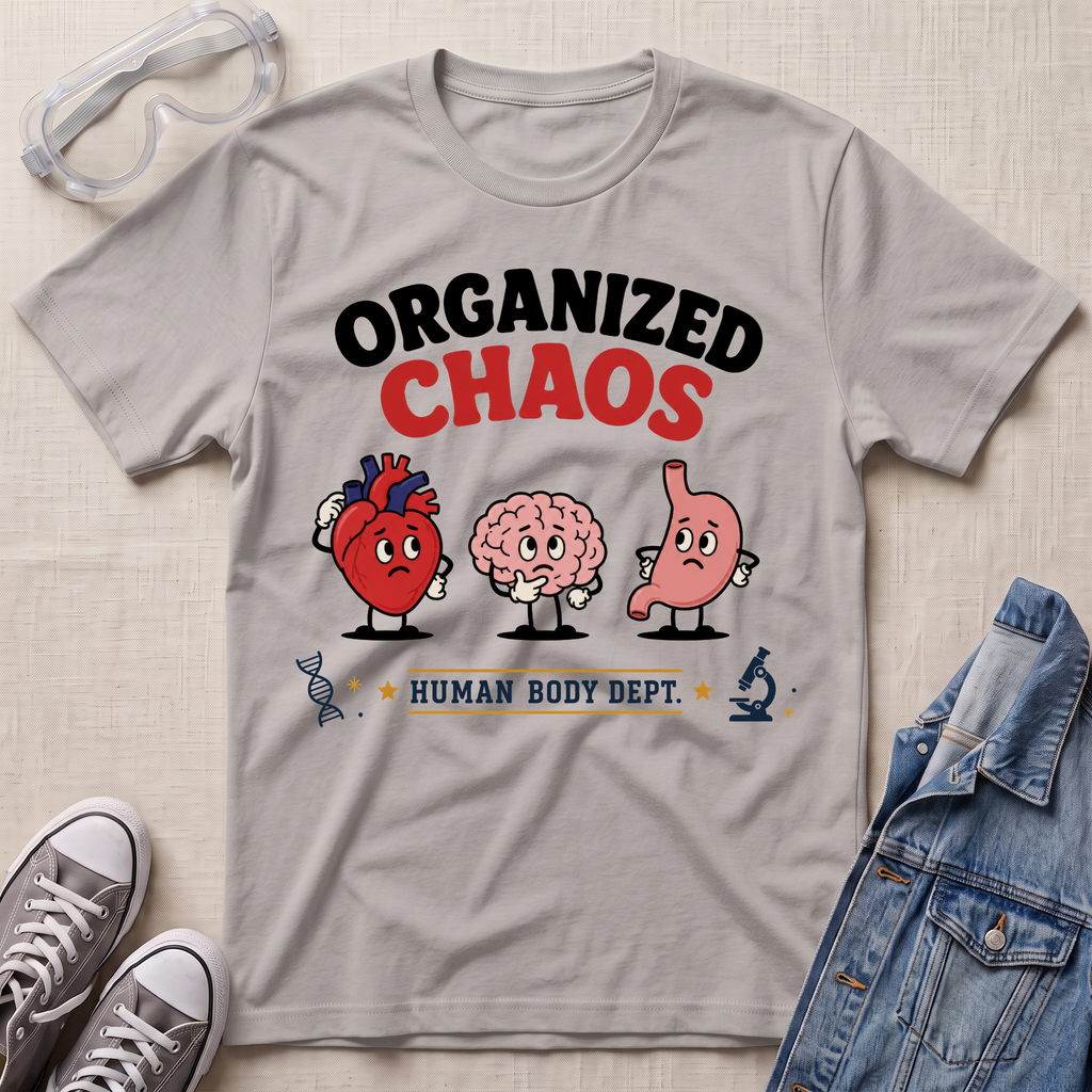 A light gray graphic t-shirt laid flat on a beige textured background, styled with safety goggles, gray sneakers, and a denim jacket. The t-shirt features a cartoon graphic of a heart, a brain, and a stomach with the text 'ORGANIZED CHAOS' and 'HUMAN BODY DEPT.