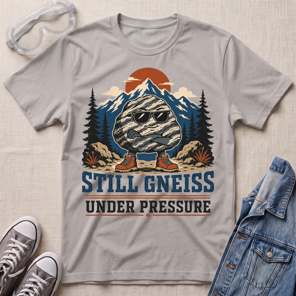 A light gray graphic t-shirt laid flat on a textured beige background, styled with safety goggles, gray sneakers, and a denim jacket. The t-shirt features a cartoon graphic of a striped gneiss rock wearing sunglasses, standing in front of mountains and pine trees, with the text 'STILL GNEISS UNDER PRESSURE'.