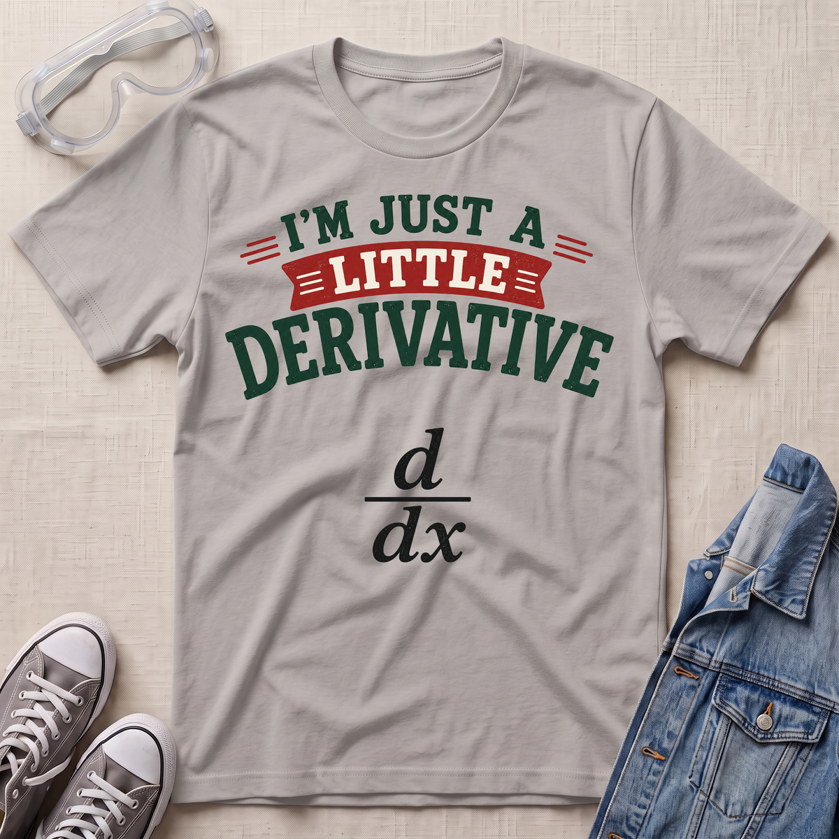A light gray graphic t-shirt laid flat on a beige textured background, styled with safety goggles, gray sneakers, and a denim jacket. The t-shirt features the text 'I'M JUST A LITTLE DERIVATIVE' in green and red, with the black derivative formula printed below.