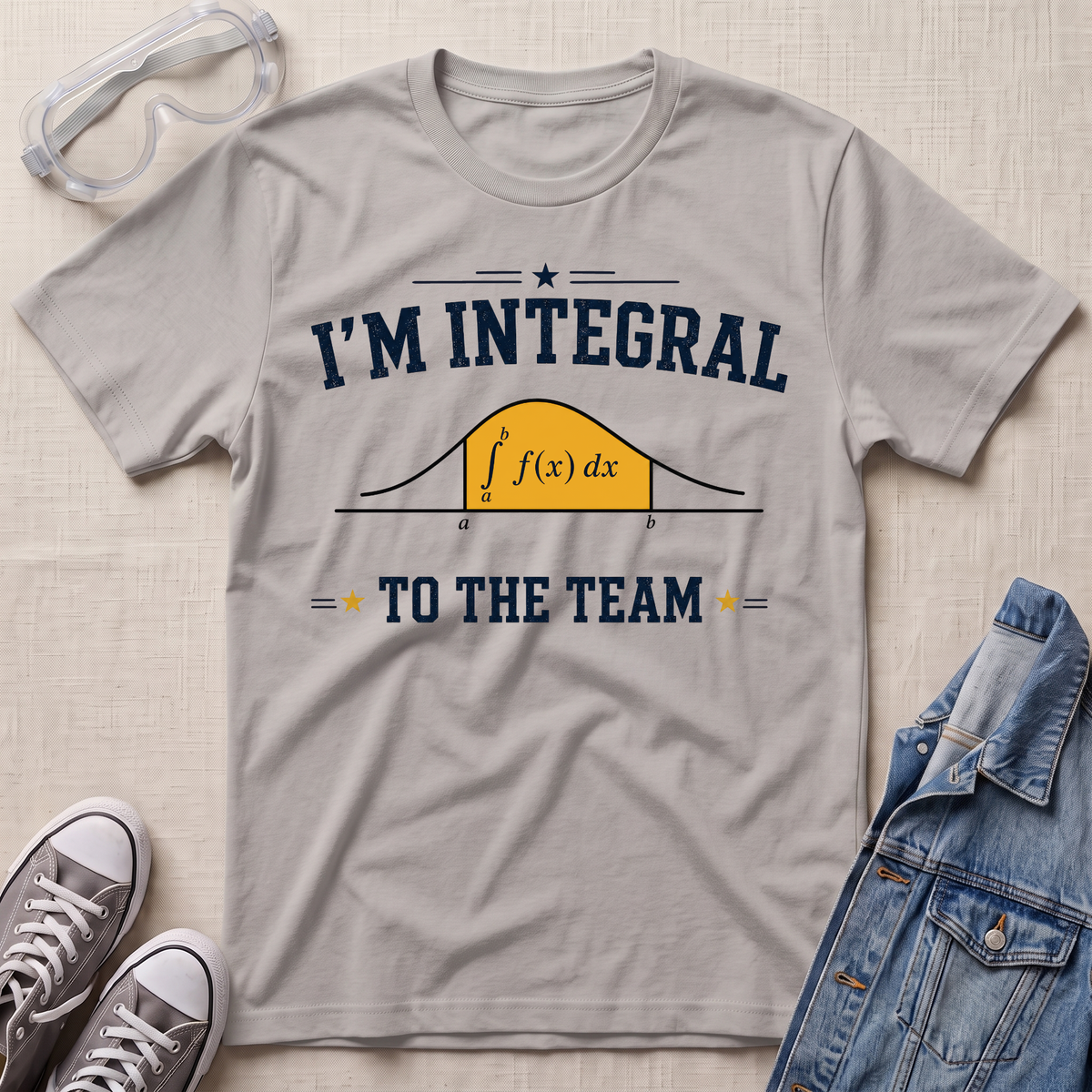 A light gray graphic t-shirt laid flat on a textured beige surface, styled with safety goggles, gray sneakers, and a blue denim jacket. The t-shirt features a navy blue and yellow graphic that reads 'I'M INTEGRAL TO THE TEAM' with a math integral curve illustration.