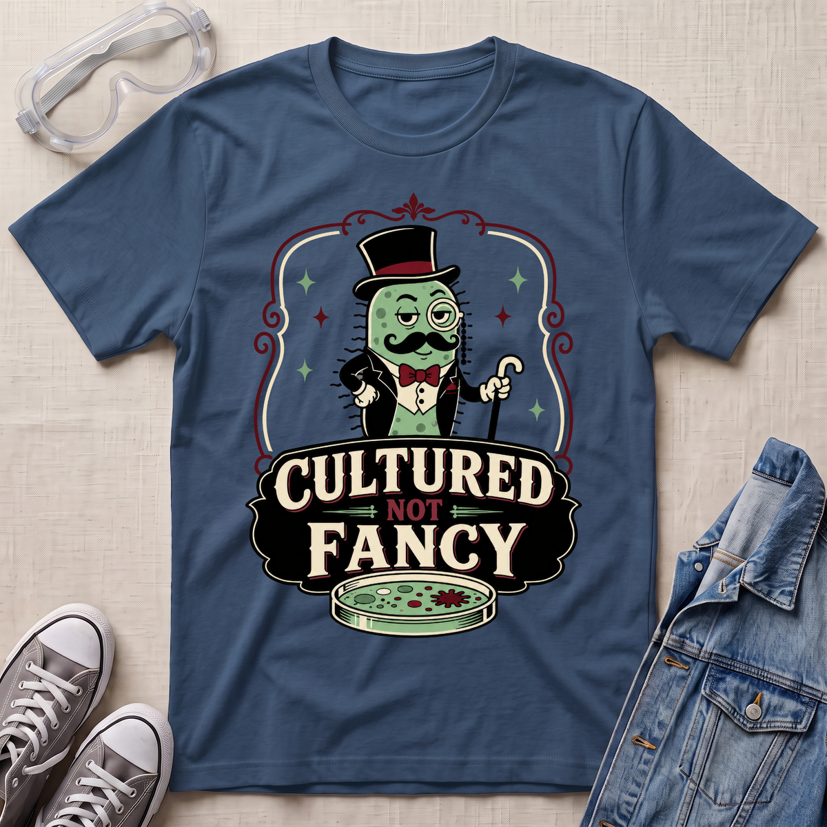 An indigo blue graphic t-shirt laid flat on a beige fabric background, styled with clear safety glasses, gray sneakers, and a blue denim jacket. The t-shirt features a cartoon green monster in a top hat and bow tie above the text 'CULTURED NOT FANCY' with a petri dish graphic.