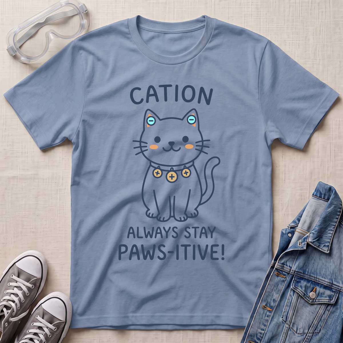 A light blue graphic t-shirt laid flat on a beige textured surface, surrounded by styling props including clear safety goggles, gray sneakers, and a denim jacket. The t-shirt features a cartoon cat wearing a gold collar with the text 'CATION ALWAYS STAY PAWS-ITIVE!'.
