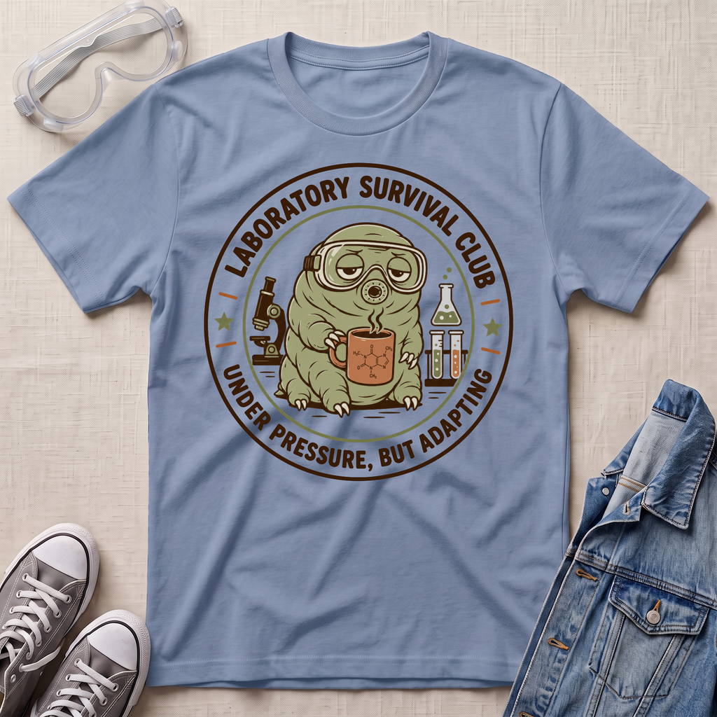 A light blue crewneck t-shirt laid flat on a beige textured background, styled with safety goggles, gray sneakers, and a denim jacket. The t-shirt features a circular graphic of a green frog wearing goggles and holding a mug, with the text 'LABORATORY SURVIVAL CLUB' and 'UNDER PRESSURE, BUT ADAPTING'.